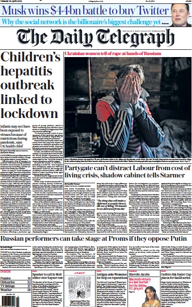 The Daily Telegraph Newspaper Front Page for 26 April 2022
