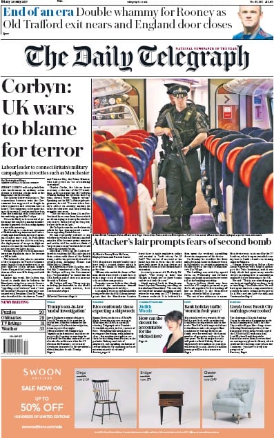 The Daily Telegraph Newspaper Front Page for 26 May 2017