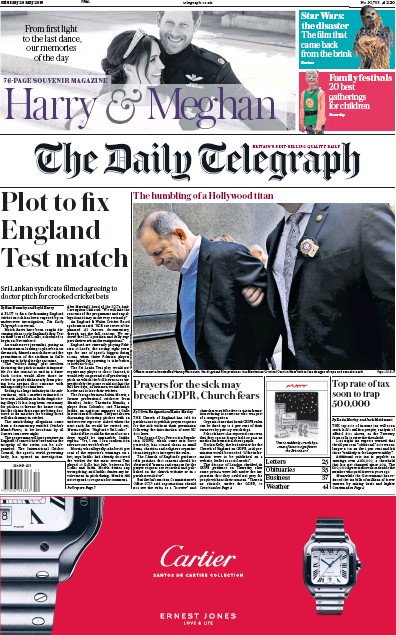 The Daily Telegraph (UK) Newspaper Front Page for 26 May 2018