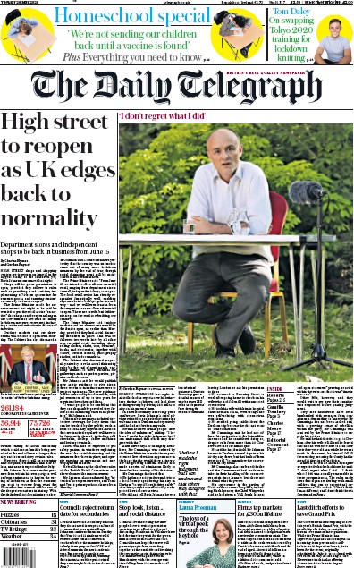 The Daily Telegraph Newspaper Front Page for 26 May 2020