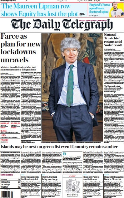 The Daily Telegraph Newspaper Front Page for 26 May 2021
