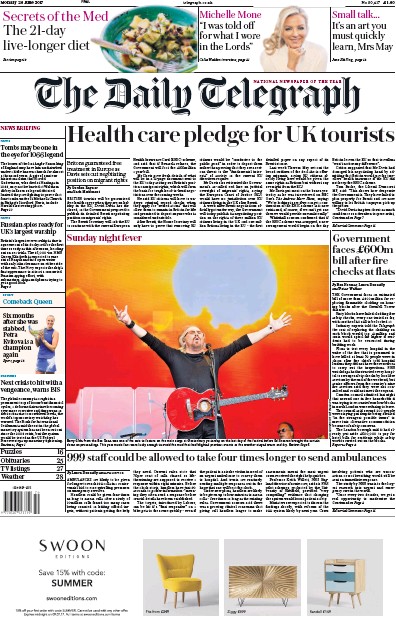 The Daily Telegraph (UK) Newspaper Front Page for 26 June 2017