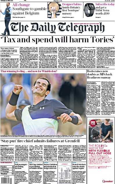 The Daily Telegraph Newspaper Front Page for 26 June 2018