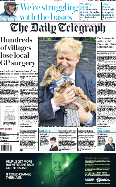 The Daily Telegraph Newspaper Front Page for 26 June 2019