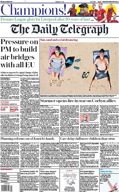 The Daily Telegraph Newspaper Front Page for 26 June 2020