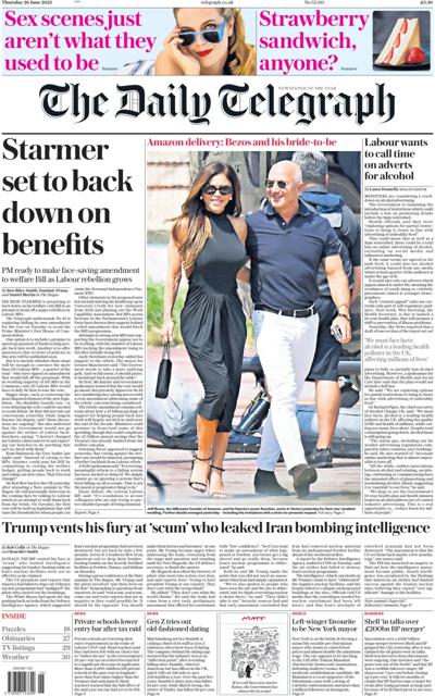 The Daily Telegraph (UK) Newspaper Front Page for 26 June 2025
