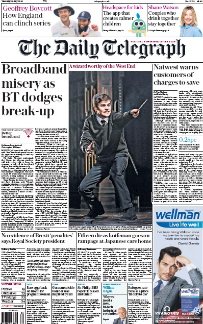 The Daily Telegraph Newspaper Front Page for 26 July 2016