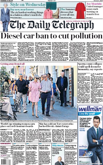 The Daily Telegraph Newspaper Front Page for 26 July 2017