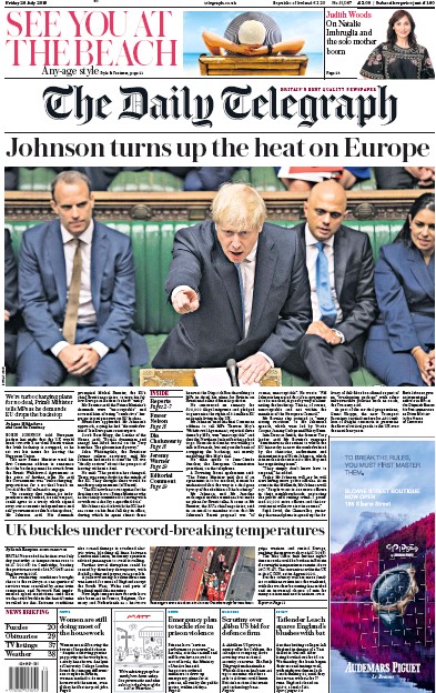 The Daily Telegraph Newspaper Front Page for 26 July 2019