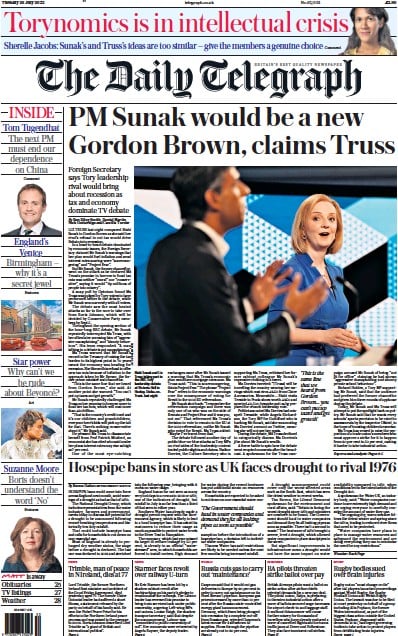 The Daily Telegraph Newspaper Front Page for 26 July 2022