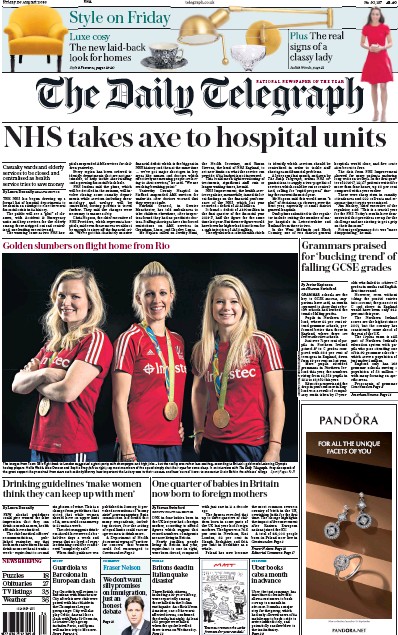 The Daily Telegraph Newspaper Front Page for 26 August 2016