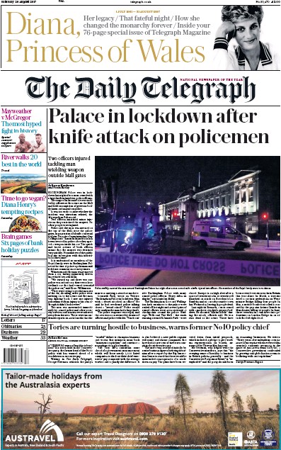 The Daily Telegraph (UK) Newspaper Front Page for 26 August 2017