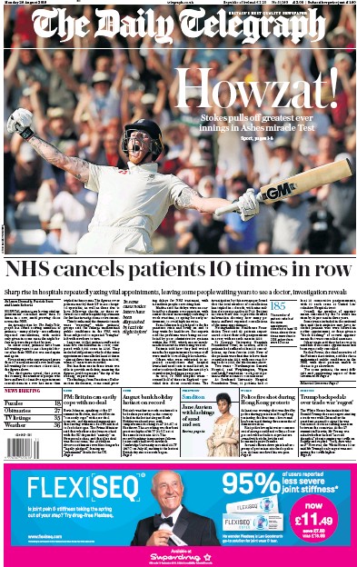 The Daily Telegraph Newspaper Front Page for 26 August 2019