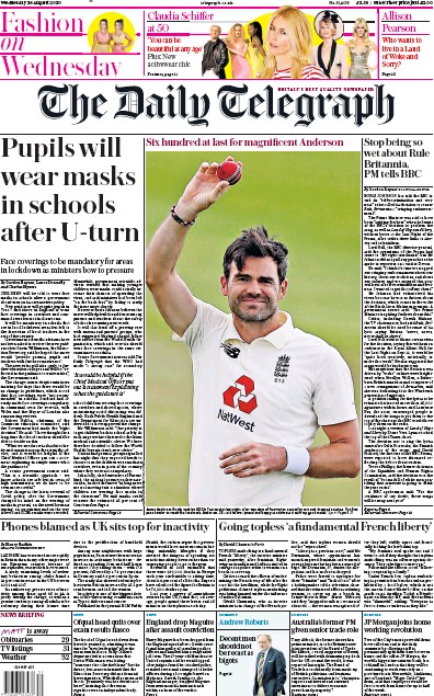 The Daily Telegraph Newspaper Front Page for 26 August 2020