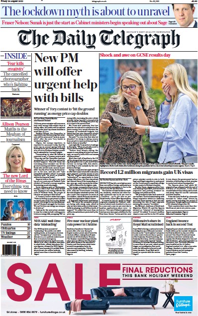 The Daily Telegraph (UK) Newspaper Front Page for 26 August 2022