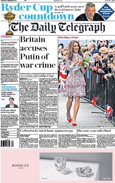 The Daily Telegraph Newspaper Front Page for 26 September 2016