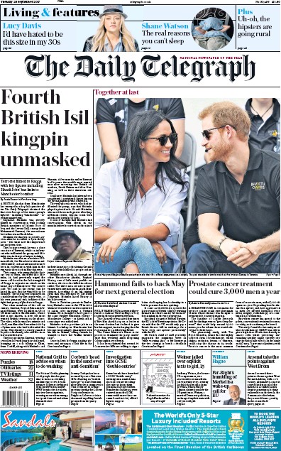 The Daily Telegraph Newspaper Front Page for 26 September 2017