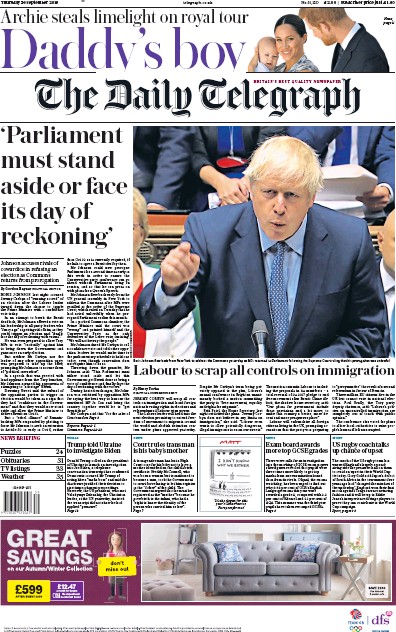The Daily Telegraph (UK) Newspaper Front Page for 26 September 2019