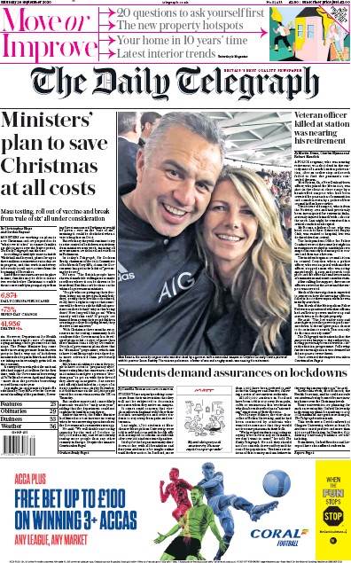 The Daily Telegraph Newspaper Front Page for 26 September 2020