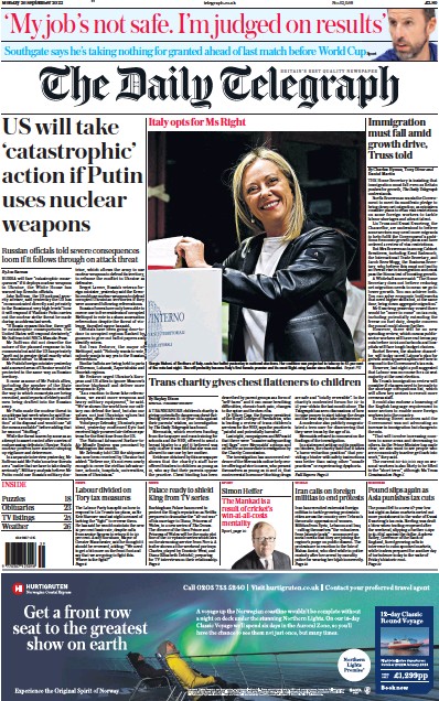 The Daily Telegraph (UK) Newspaper Front Page for 26 September 2022