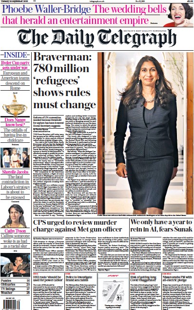 The Daily Telegraph Newspaper Front Page for 26 September 2023