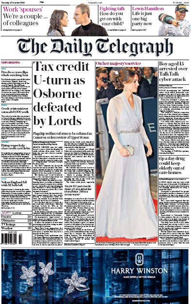 The Daily Telegraph Newspaper Front Page for 27 October 2015