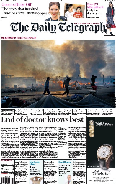 The Daily Telegraph Newspaper Front Page for 27 October 2016
