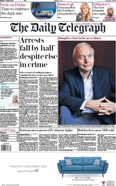 The Daily Telegraph Newspaper Front Page for 27 October 2017