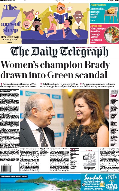 The Daily Telegraph Newspaper Front Page for 27 October 2018