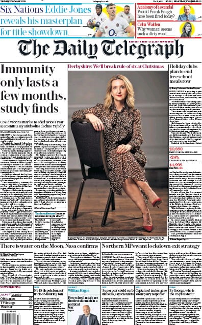The Daily Telegraph Newspaper Front Page for 27 October 2020