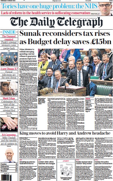 The Daily Telegraph (UK) Newspaper Front Page for 27 October 2022