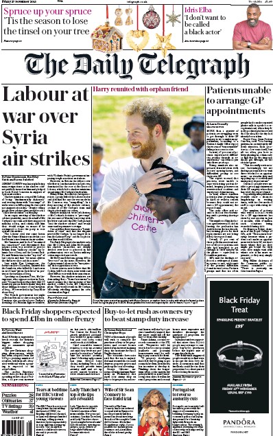 The Daily Telegraph Newspaper Front Page for 27 November 2015