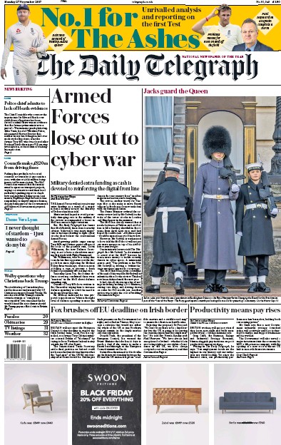 The Daily Telegraph Newspaper Front Page for 27 November 2017