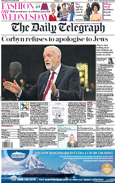 The Daily Telegraph Newspaper Front Page for 27 November 2019