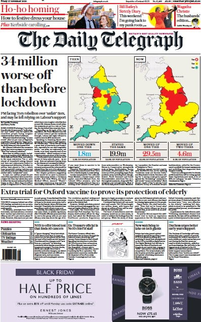 The Daily Telegraph (UK) Newspaper Front Page for 27 November 2020