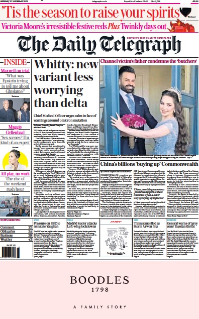 The Daily Telegraph (UK) Newspaper Front Page for 27 November 2021