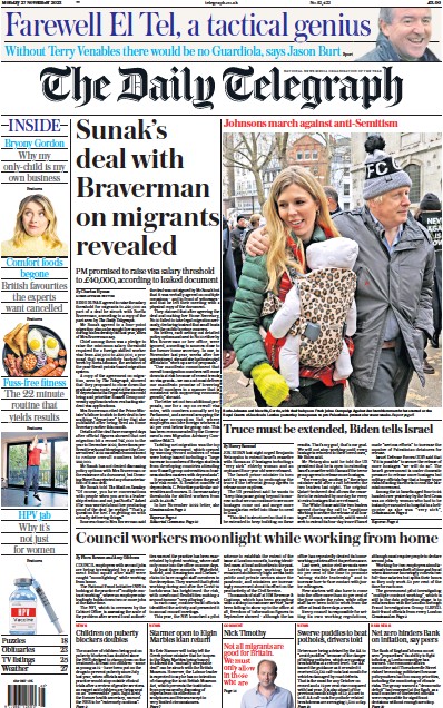The Daily Telegraph (UK) Newspaper Front Page for 27 November 2023