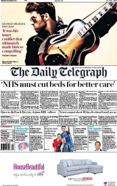 The Daily Telegraph (UK) Newspaper Front Page for 27 December 2016