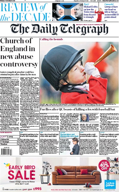 The Daily Telegraph (UK) Newspaper Front Page for 27 December 2019