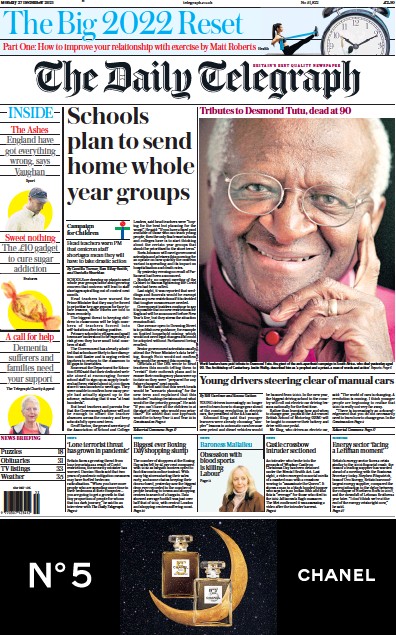 The Daily Telegraph (UK) Newspaper Front Page for 27 December 2021