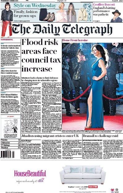 The Daily Telegraph Newspaper Front Page for 27 January 2016
