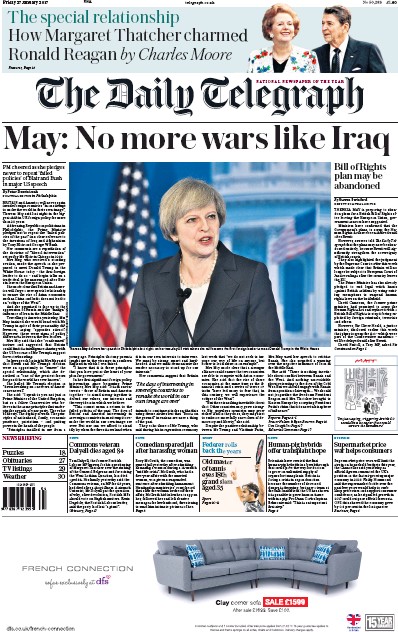 The Daily Telegraph Newspaper Front Page for 27 January 2017