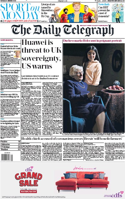 The Daily Telegraph Newspaper Front Page for 27 January 2020