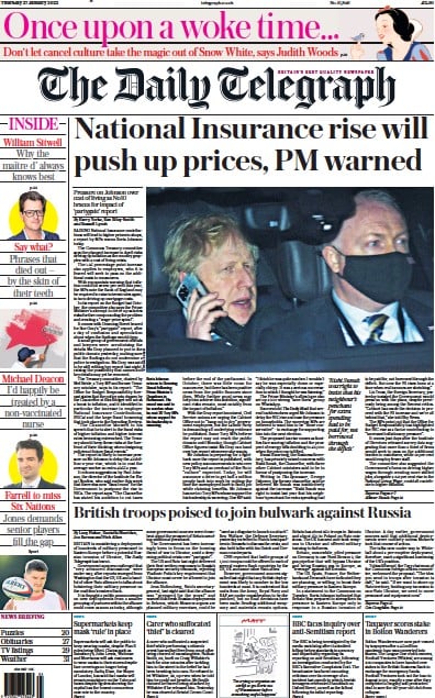 The Daily Telegraph (UK) Newspaper Front Page for 27 January 2022
