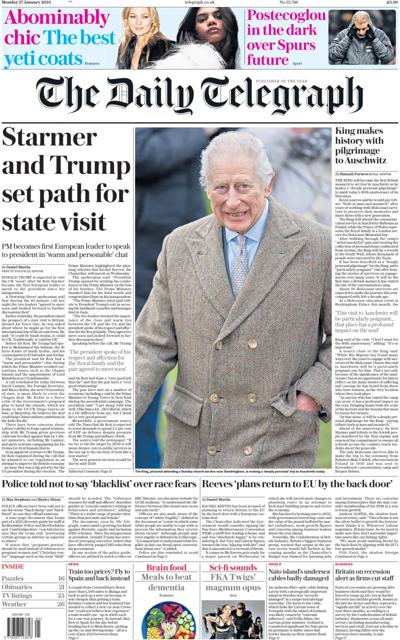 The Daily Telegraph (UK) Newspaper Front Page for 27 January 2025