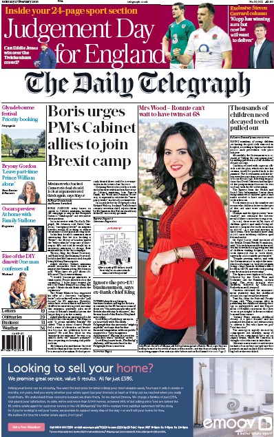 The Daily Telegraph Newspaper Front Page for 27 February 2016