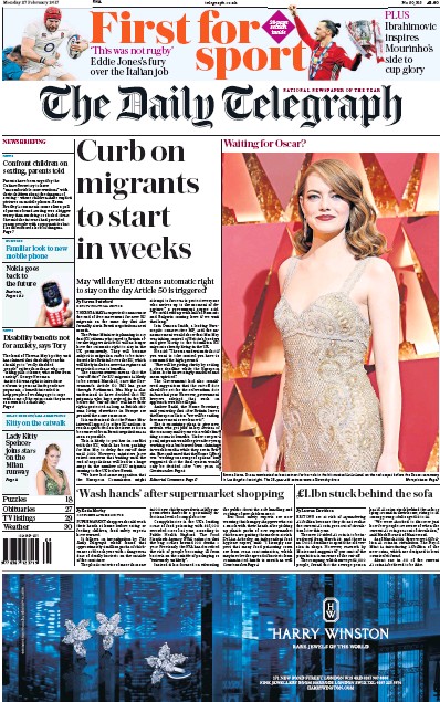 The Daily Telegraph Newspaper Front Page for 27 February 2017