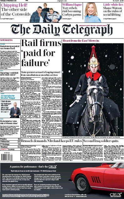 The Daily Telegraph Newspaper Front Page for 27 February 2018