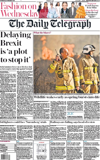 The Daily Telegraph Newspaper Front Page for 27 February 2019