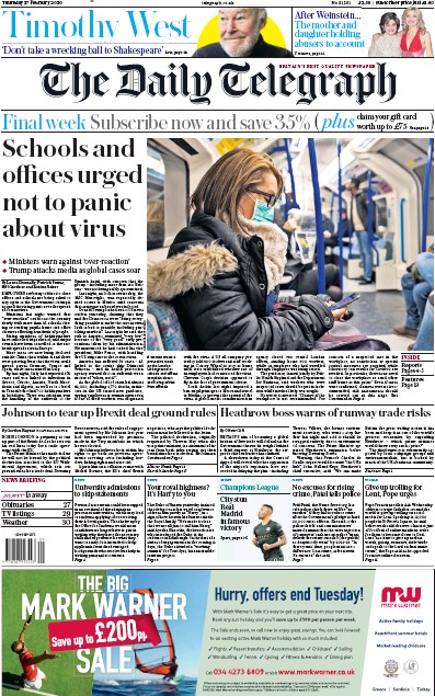 The Daily Telegraph Newspaper Front Page for 27 February 2020